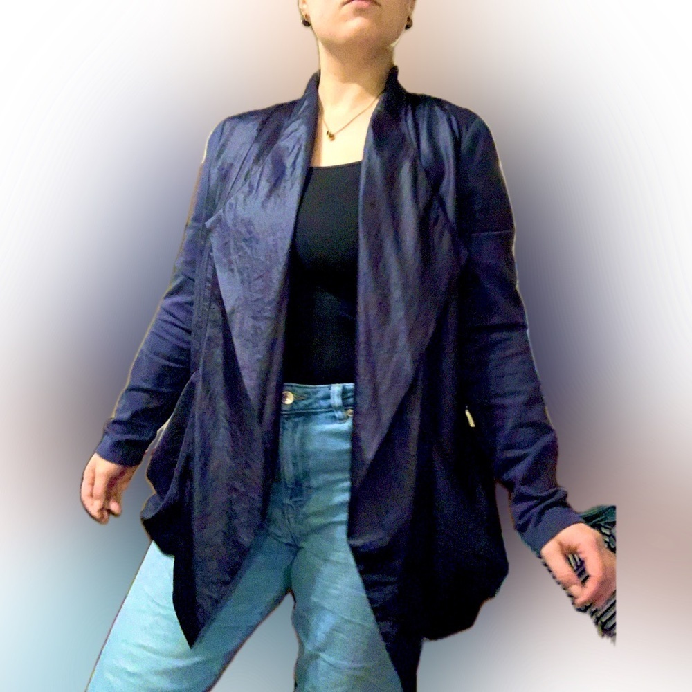 Vivienne Tam Navy Blue Shiny Two-Tone Draped Waterfall Blazer Jacket Cardigan L - Picture 5 of 10